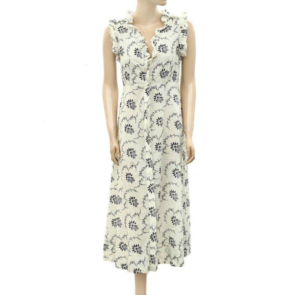 Sea New York Floral Printed Midi Dress Buttondown Ivory Ruffle Bohemian S
